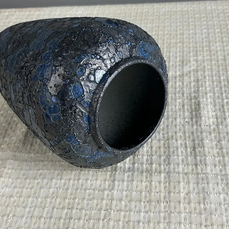 for Retro New Chinese Style Blue Bubble Glaze Coarse Pottery Ceramic Vase for Dried Flower Arrangement High Value Living Room