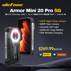 Ulefone-Armor Mini 20 Proスマートフォン,頑丈な電話,LEDライト,暗視カメラ,Android 14, 6200mah,16GB, 8 GB, 8 GB, 256GB,64mp 5g、4.7インチ