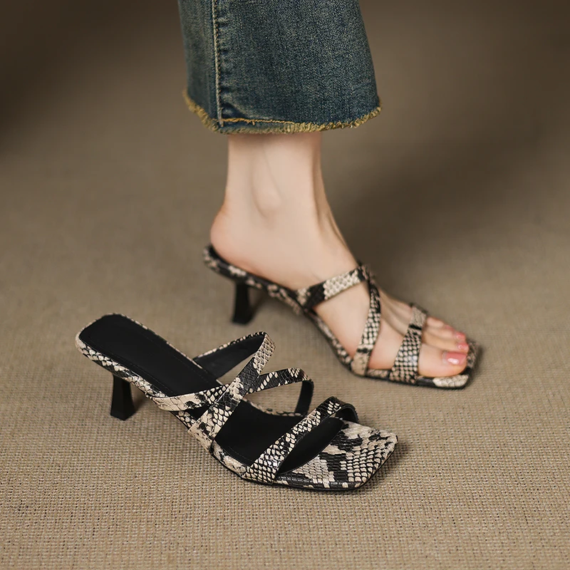 2026 new summer women sandals natural leather plus size 22-29cm cowhide+sheepskin cross-tied mules high heel women slippers