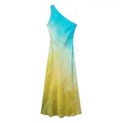 Tangada 2024 Women Sexy Tie Dyed Off Shoulder Satin Tank Dress Female Long Dresses 3H0508