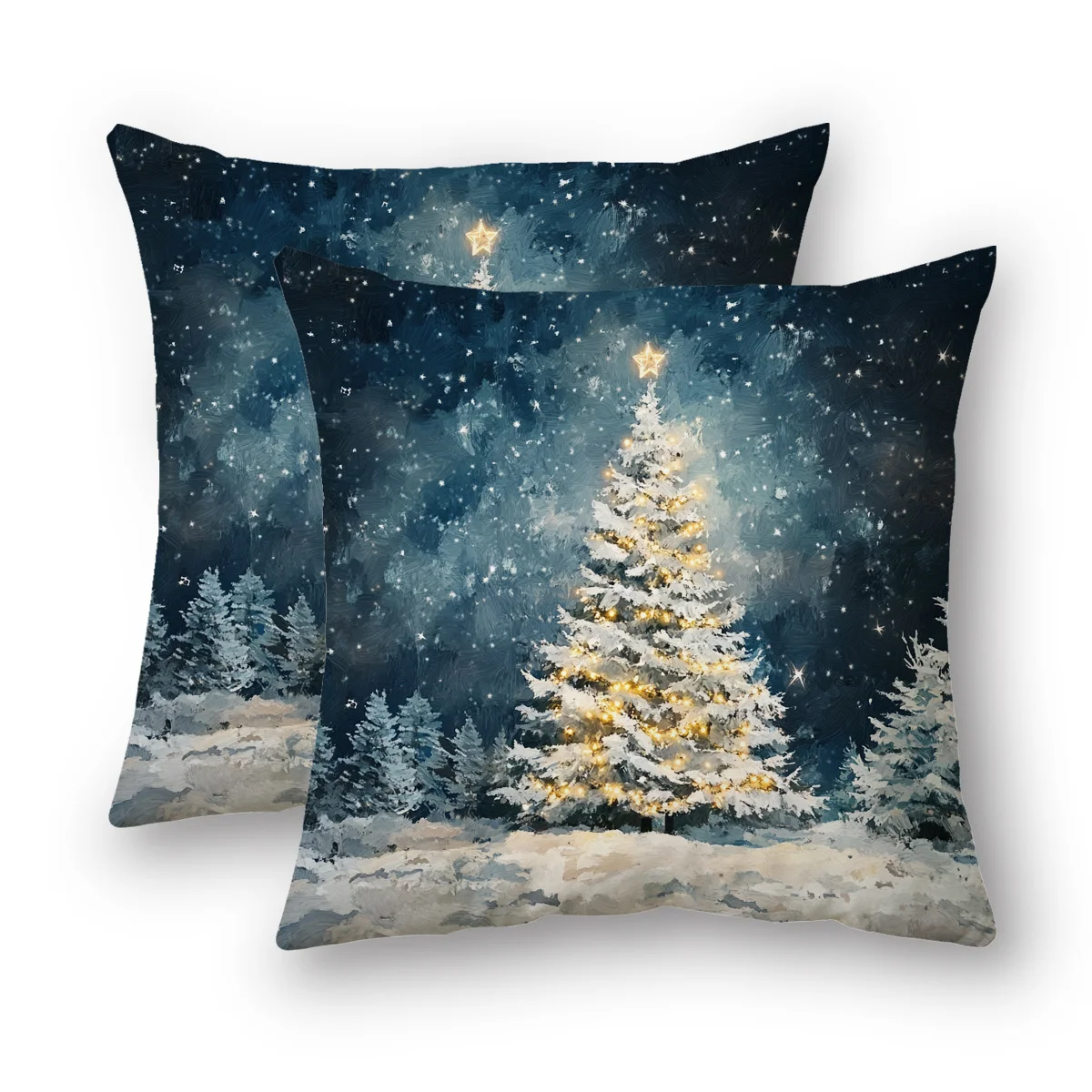 2pcs Winter Snow Scene Christmas Pillow Covers - 18x18 Inch Luxury Oil Painting Starry Night Snowy Tree & Twinkling Cases, Soft