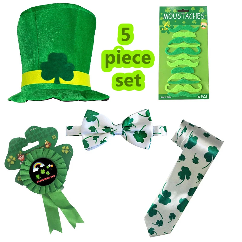 5 pcs Saint Patrick Day Irish Festival Green Hat Bowtie Necktie Set 2024 Irish National Day Decors Crazy Cosplay Carnivals Party