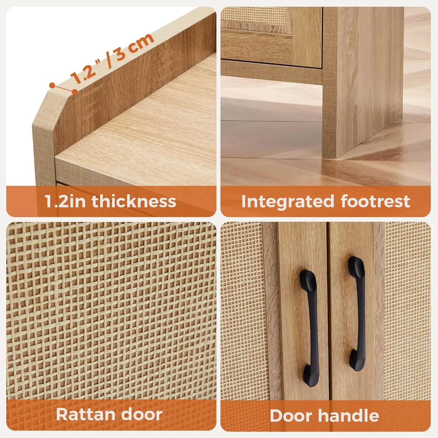 Natural Rattan Shoe Cabinet with Adjustable Shelves, Farmhouse Boho Wood Organizer for Entryway Storage