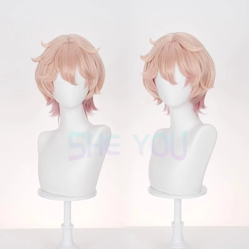 داليا شعر مستعار تأثيري برتقالي وردي قصير الشعر القوطي مصاص دماء Heterochromia الصبي Mondstadt حفلة الهالوين للنساء الرجال