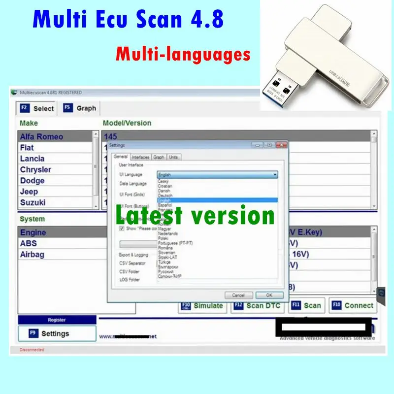 MultiEcu Scan 4.8 Software for Fiat Connector Auto Repair Data Work With ELM327 Mult iEcu Scan V4.6 4.7 Registered Unlimited