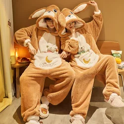 Inverno casal pijamas macacões mulheres homens lã coral pijamas onesie dos desenhos animados coelho coreano quente engrossar pijamas amante pigiama