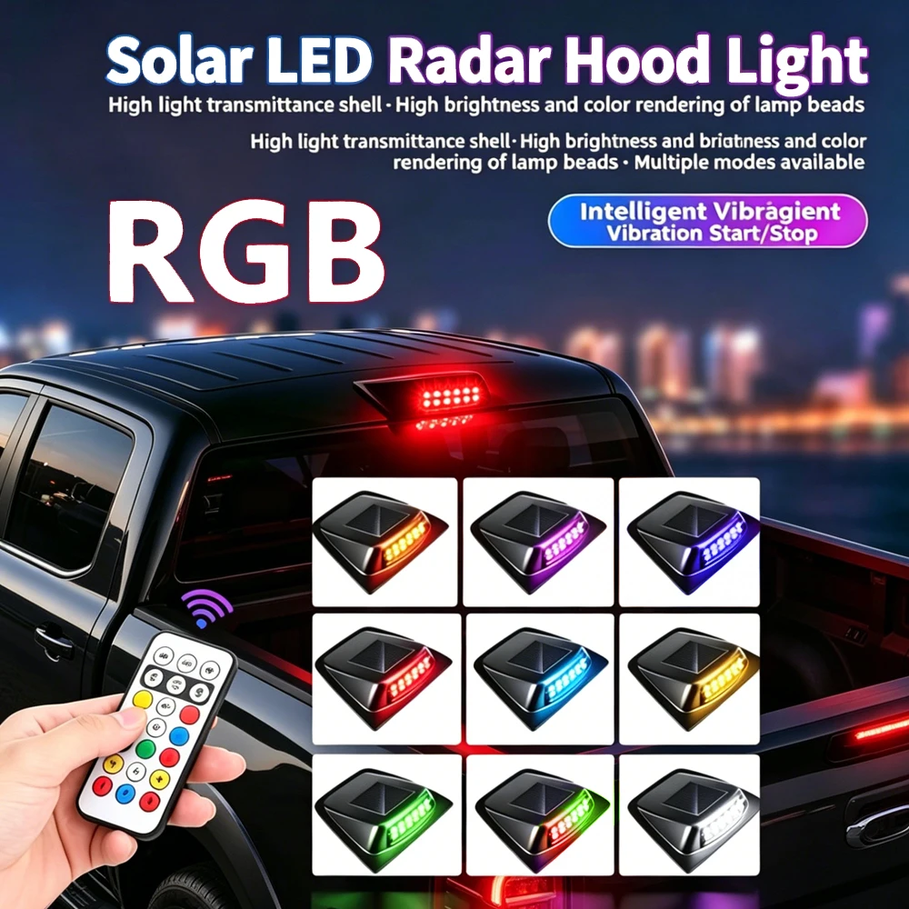 RGB Solar Car Roof LiDAR Decorative Light Anti Rear-End Collision Warning Flashing Strobe Light, Wireless Vibration Activated