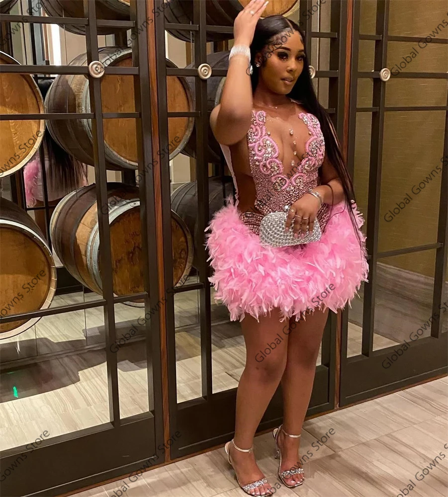 Pink O Neck Short Prom Dress For Black Girls Beaded Crystal Rhinestone Birthday Party Dresses Feather Evening Gown Customized