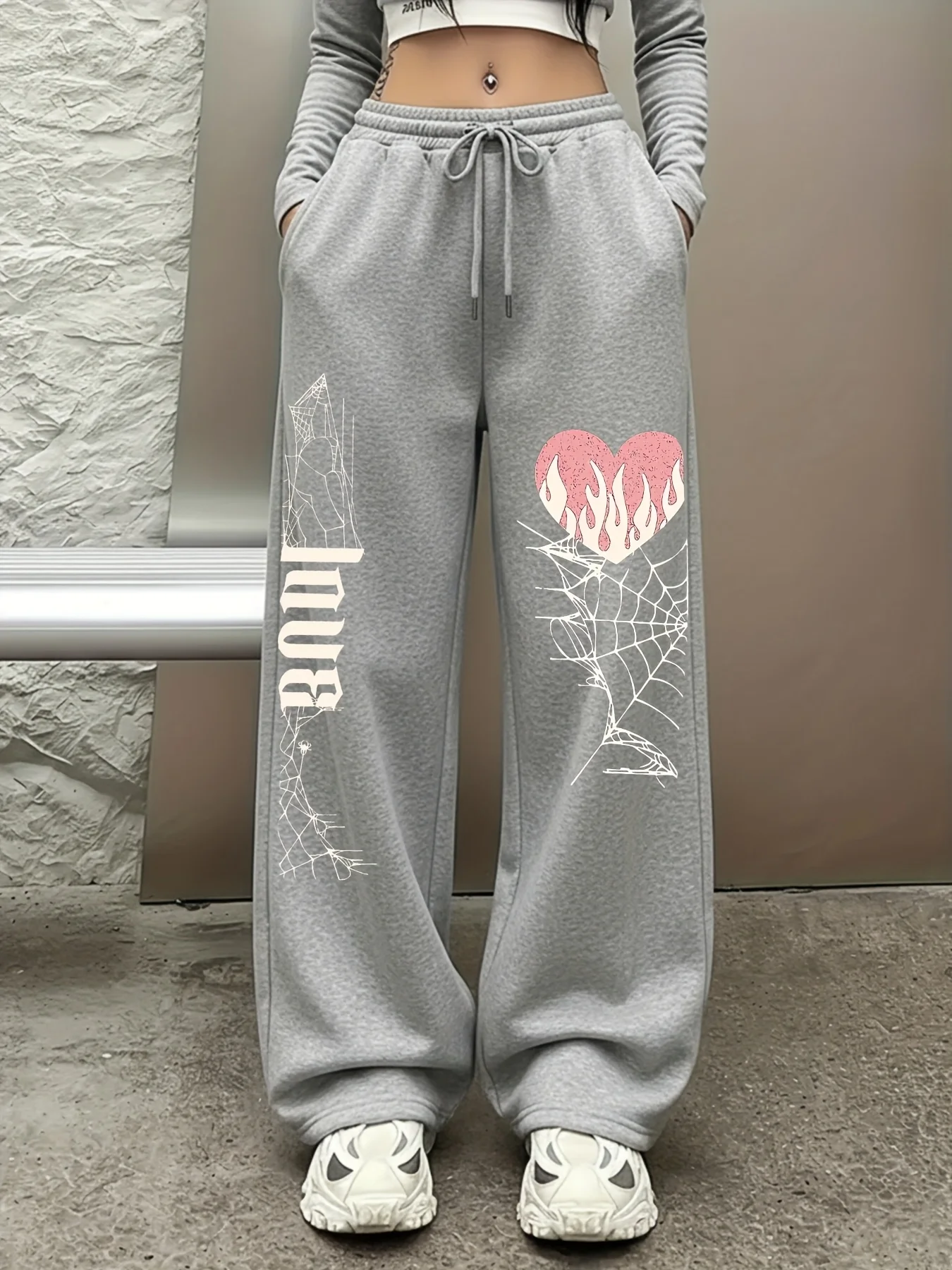 New Style: Spider Web Pink Love Dark Sweet Cool Element Printed Casual Running Pants Trendy Women's Straight Leg Pants