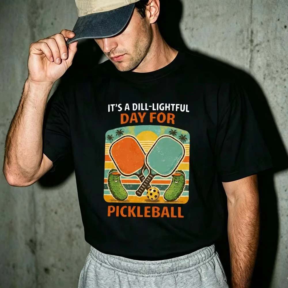 It's A Dill Lightful Day for Pickleball Print Men Cotton Tee Funny Pickle Sport Design Humorous Tee Graphic TShirts Men Clothing
