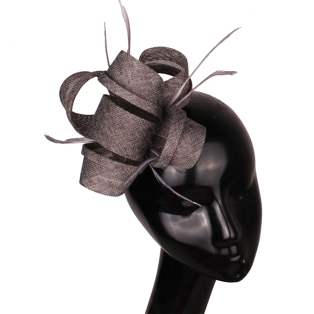 Women Fancy Imitation Sinamay Fascinator Hats Dark Grey Bridal Wedding Hats MultiColors Kentucky Derby Cocktail Hat With Feather