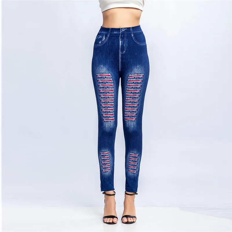 

Новые модные полосатые леггинсы из искусственного денима с принтом, эластичные облегающие брюки с подъемом бедер и девятью точками