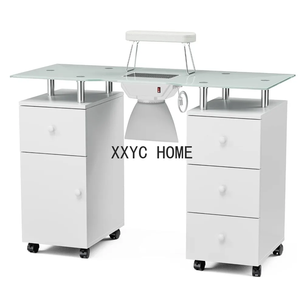 Paddie Manicure Table with Glass Top, Foldable Arm Rest, Lockable Wheels, Storage Drawers for Nail Tech