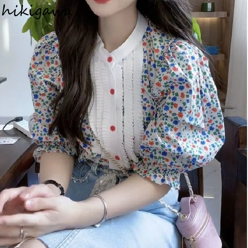 Vintage Blouse Women O-neck Puff Sleeve Shirt Fashion Clothes Floral Shirts 2023 Blusas De Mujer Summer Blouses Korean Tops