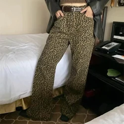 HOUZHOU Leopard Flare Jeans Women Denim Pants Female Y2K Bootcut Trousers Streetwear Hip Hop Vintage Casual Bell Bottoms