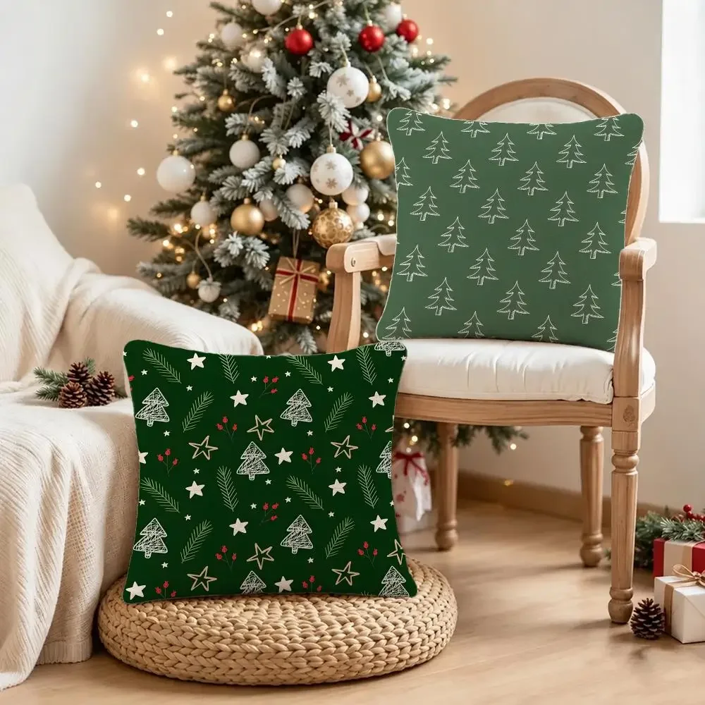 Christmas Low Saturation Gray Green Small Tree Cushion Cover Short Plush Pillowcase, Sofa Bedroom Home Decor, Ideal Holiday Gift