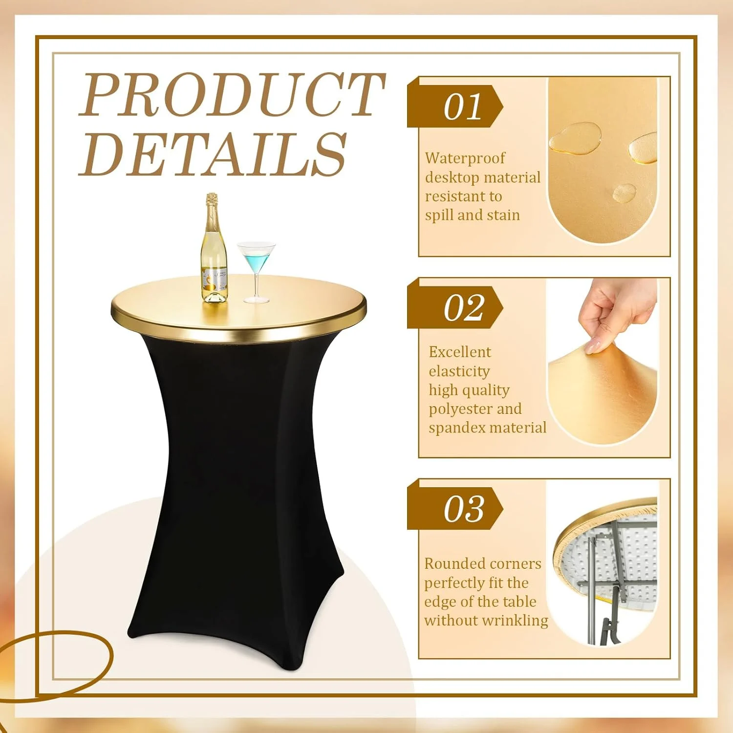 Gold Cocktail Table Topper Cap Stretch Spandex Tablecloth for Round Table Elastic Tablecloth for Bar Pub Wedding Party Banquet 3