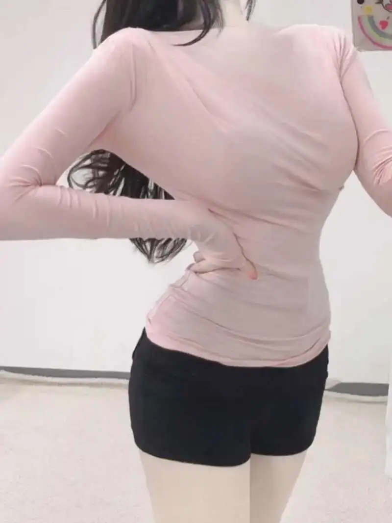 2024 outono/inverno versão coreana nova slash neck manga longa camiseta feminina cinching cintura sólida magro meados de comprimento estilo topo e0l2