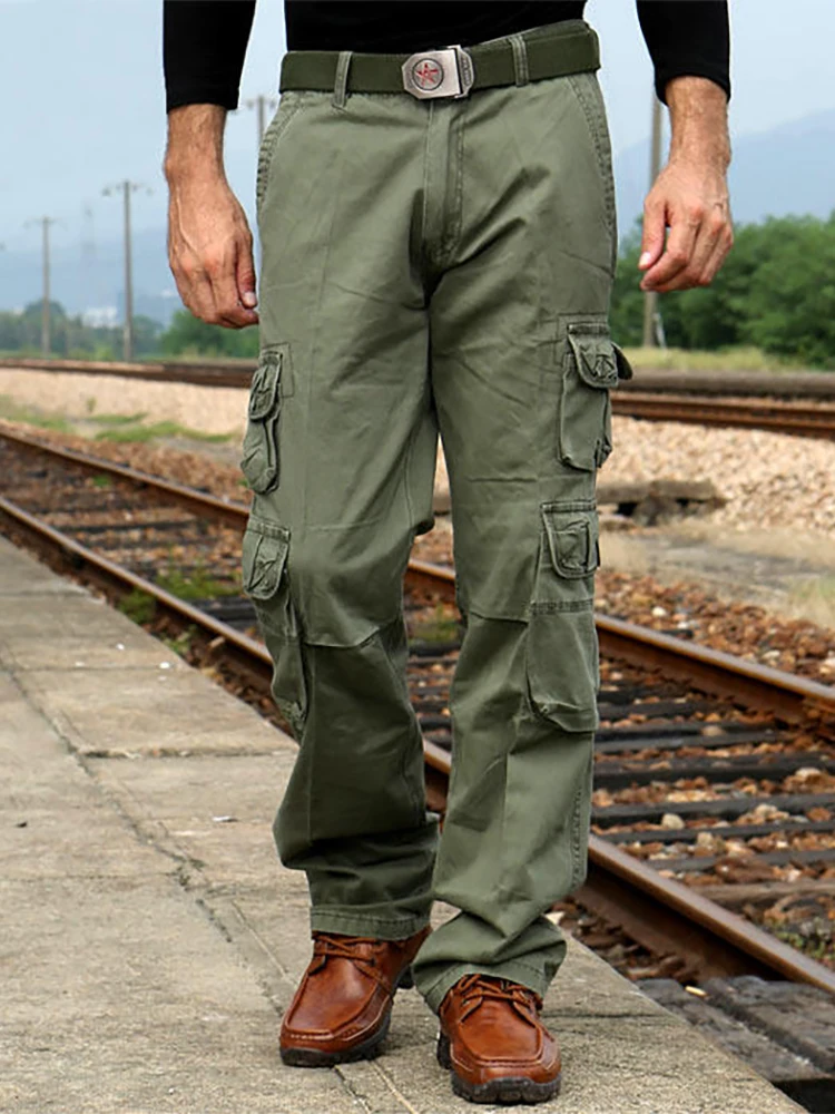 

Мужские брюки-карго, повседневные многокарманные брюки в стиле милитари, прямые брюки на молнии, модная городская рабочая одежда из смеси хлопка и полиэстера