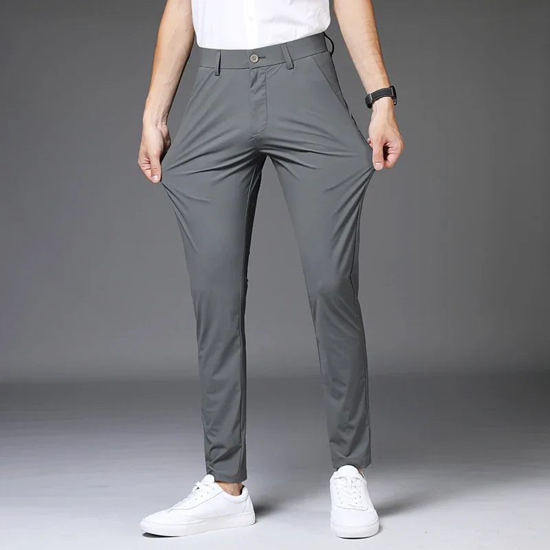 Summer Smooth Stretch Suit Pants Men Thin Business Straight Classic Casual Formal Office Nylon Trousers Male Plus Size 28-40