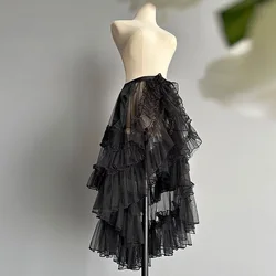 Gothic Lolita Lace Layer Mesh Ruffles Skirts for Women, Asymmetrical, Kawaii, Cute Curtain, Sheer Cover Up, Thin, Long Skirt