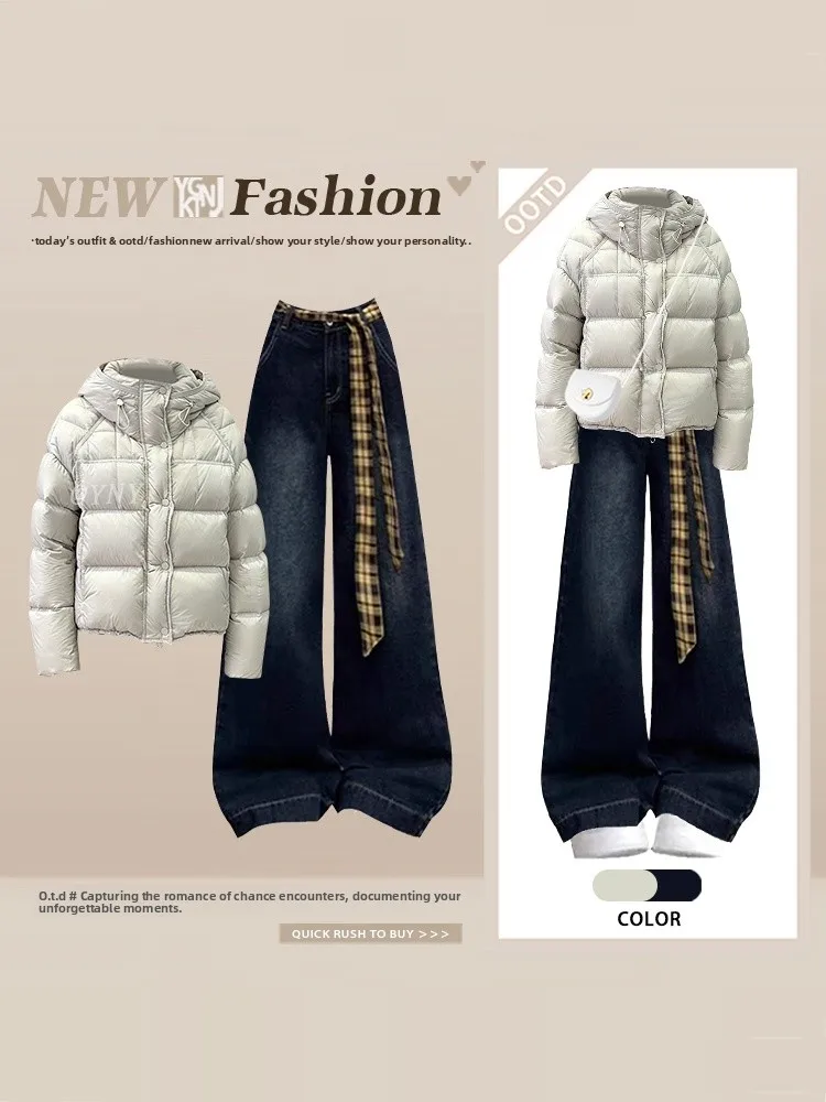 

Winter Lazy Style Hooded Cotton Jacket Women's Plaid Belted Wide Leg Jeans High Waist Autumn Winter Fashion Set Casual Wear
