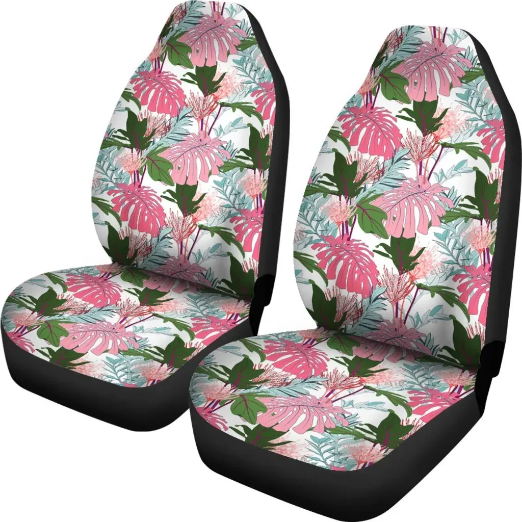 Hawaiian Monstera And Green Tropical Leaves White Seat Cover Car Seat Covers Set 2 Pc, Car Accessories Car Mats