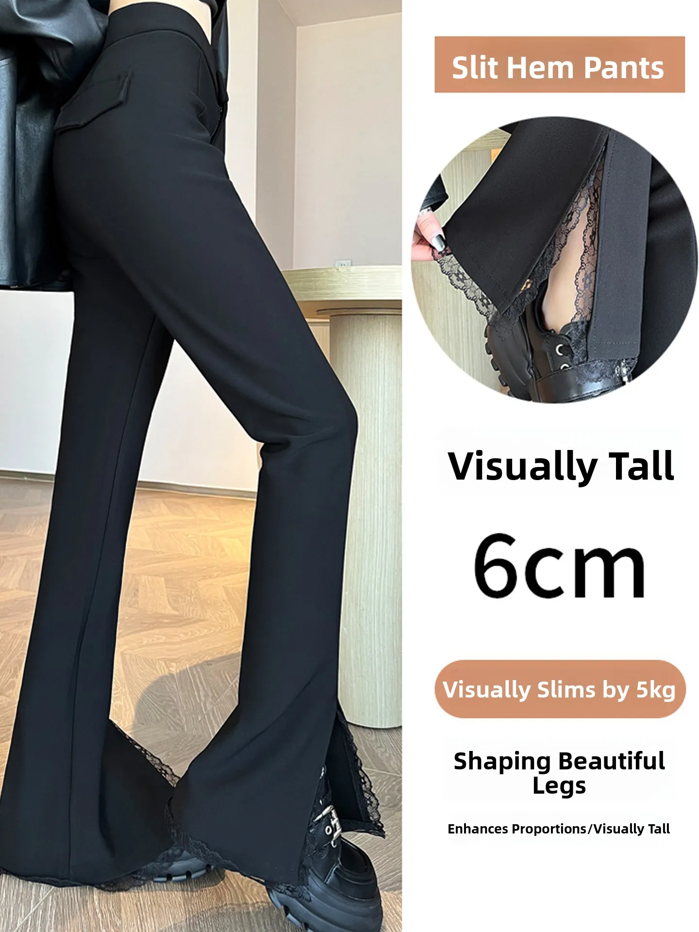 Black Lace Slit Wide Leg Pants High Waist Slimming Drapey Straight Casual Flared Trousers for Women Autumn Commute Style