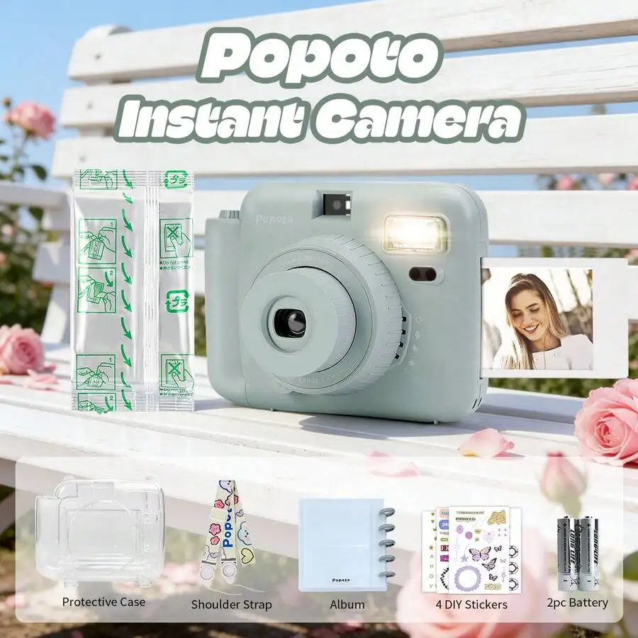 Morandi Gray Green Camera Gift Bundle Print The Colourful 3 Inch Photos In Minutes For Mini11/12 Film, With Films, Battery, Crys