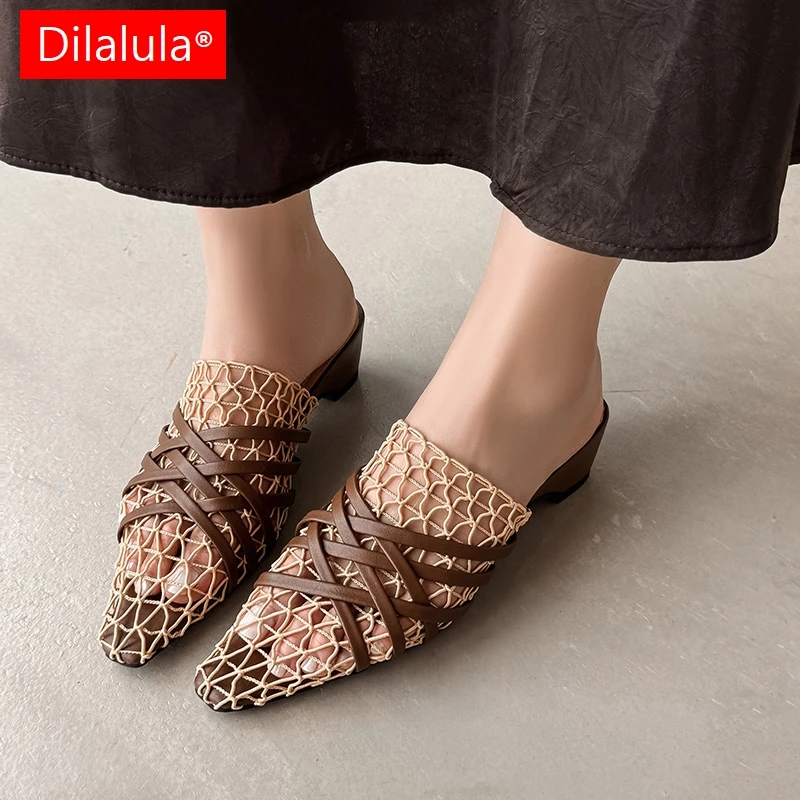 

Dilalula 2025, сетчатые сабо, женские летние модельные тапочки с перекрещенными полосками, женские туфли-лодочки для вечеринок и свиданий, женские сексуальные туфли на среднем толстом каблуке в сетку