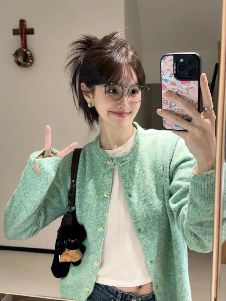 

Корейский вязаный свитер мятного вен в стиле ретро, женское свободное пальто Lazy Sle, весна-осень, мягкий длинный свек, круглый открытый кардиган