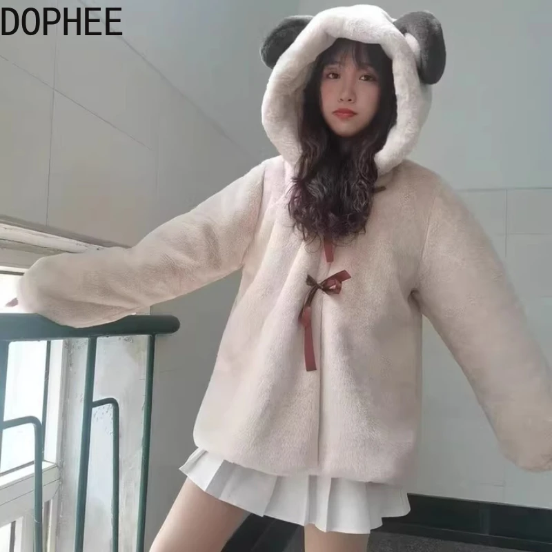 

Мягкая плюшевая куртка для девочек, женская новая осенне-зимняя утепленная верхняя одежда из искусственного меха, милый бант, повязка с медвежьими ушками, студенческие меховые пальто с капюшоном