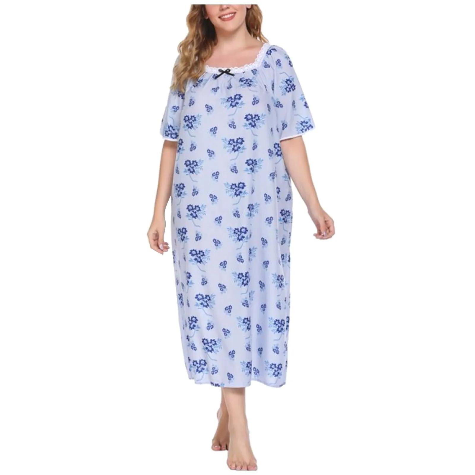 Pigiama lungo da notte da donna Plus Size manica corta in pizzo Patchwork con scollo a U abito da notte con stampa dolce abbigliamento da casa femminile