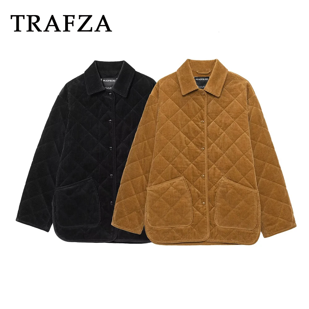 

TRAFZA Vintage Solid Plaid Fashion 2025 Autumn Jacket Women Single Breasted Loose Outwear Turn-down Pockets Casual Female Jacket