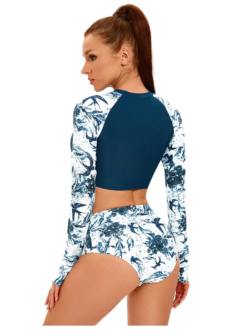 Riseado 2024 New Woman Long Sleeve Swimsuit Tropical Print Swimwear Bathing Suits Beachwear Summer Swimming Suits Beach Sport