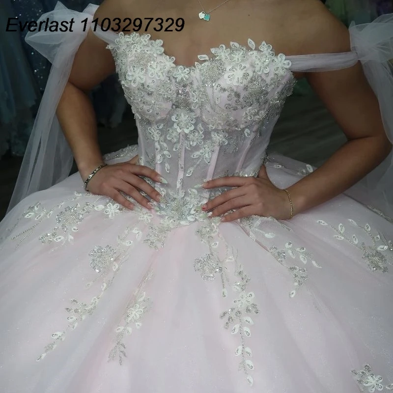 EVLAST-Vestido De quinceañera rosa De princesa, Vestido De baile, apliques De encaje Floral 3D, cuentas De espagueti, dulce 16, 15 años, TQD535