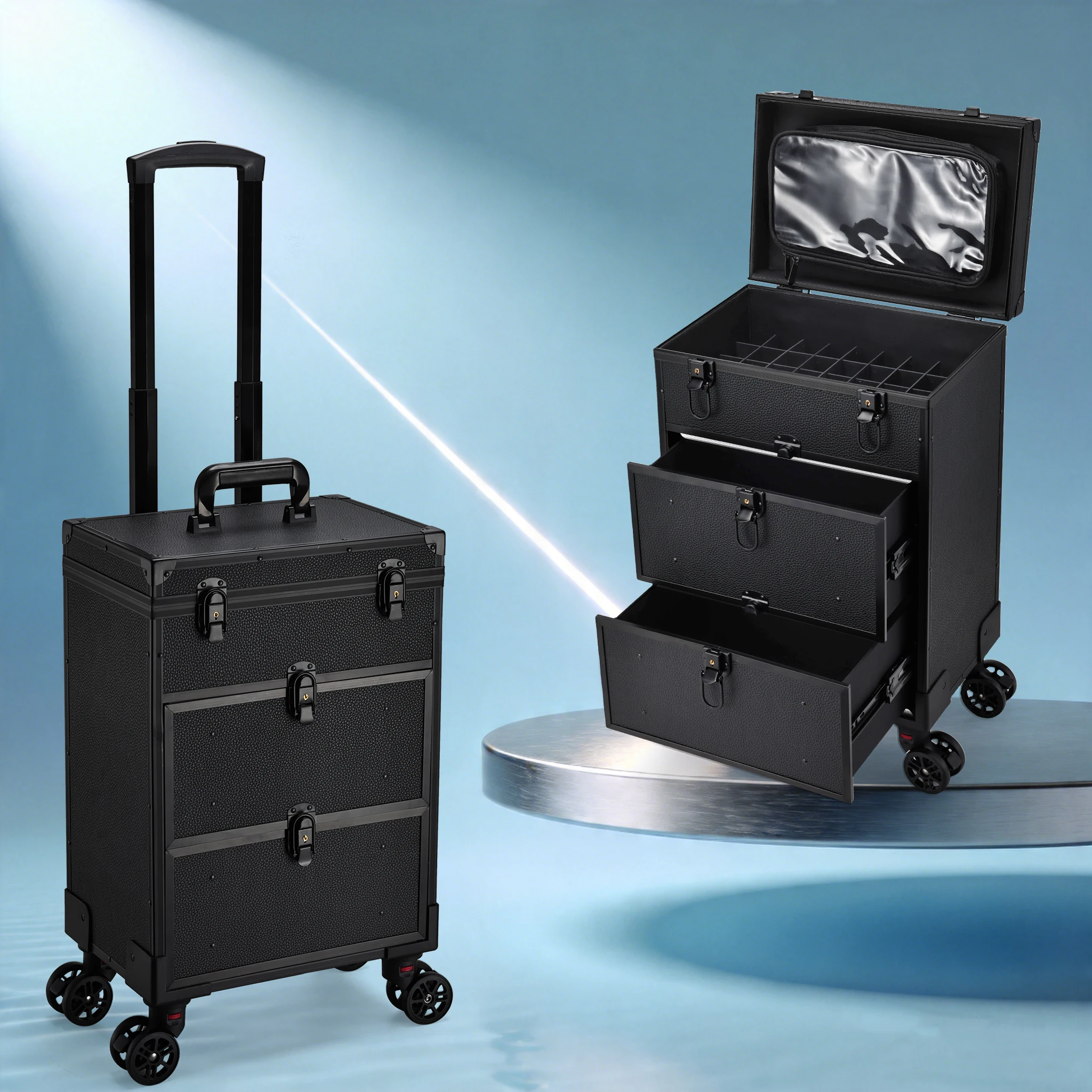 

Professional 3 In 1 Cosmetology Case On Wheels Rolling Makeup Case Nail Supplies Organizer Cart Trunk Cosmetics Salon Briefcase