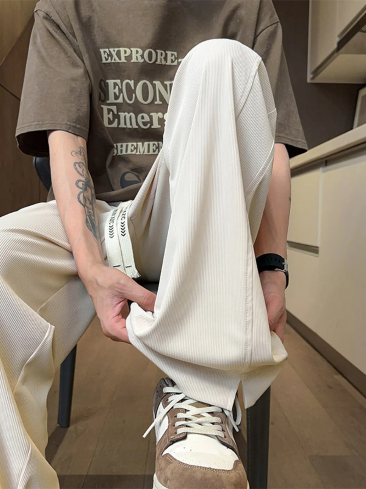 

Мужские летние тонкие брюки из ледяного шелка, широкие, свободные, повседневные, длинные, прямого кроя, дышащие, в американском стиле