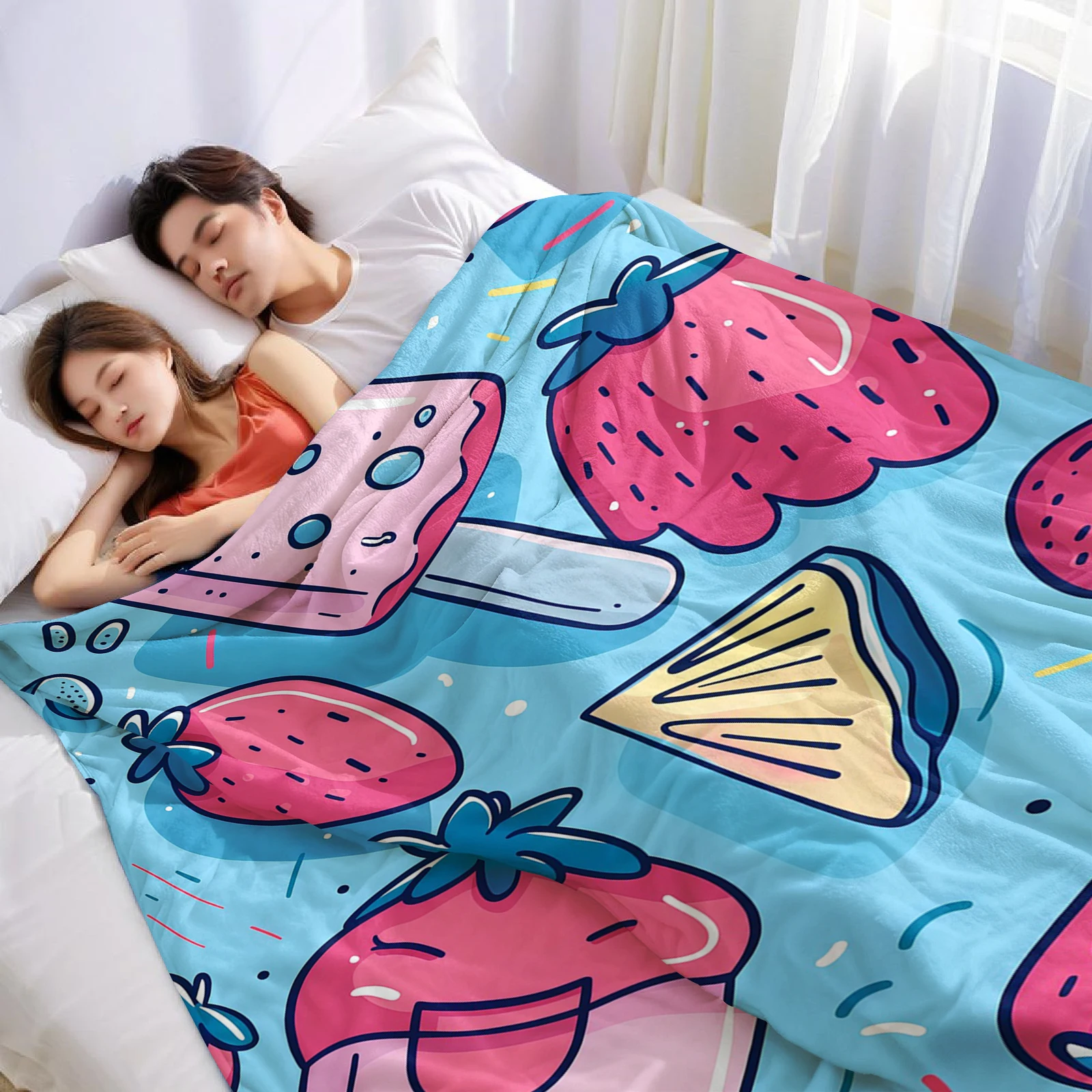 Fruit Popsicle Cartoon Anime Print Flannel Blanket Soft Warm Throw for Kids Bedroom Sofa Bed Christmas Office Car