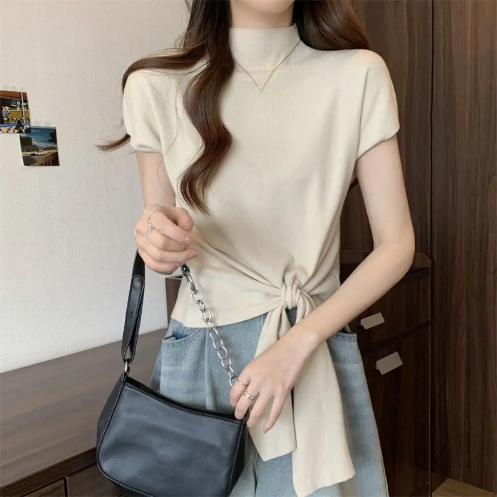 

Корейский стиль, кружевная футболка с коротким рукавом Kintwear Chic Y2K, укороченный топ, женский облегающий простой полувысокий воротник, футболки, топ, уличная одежда