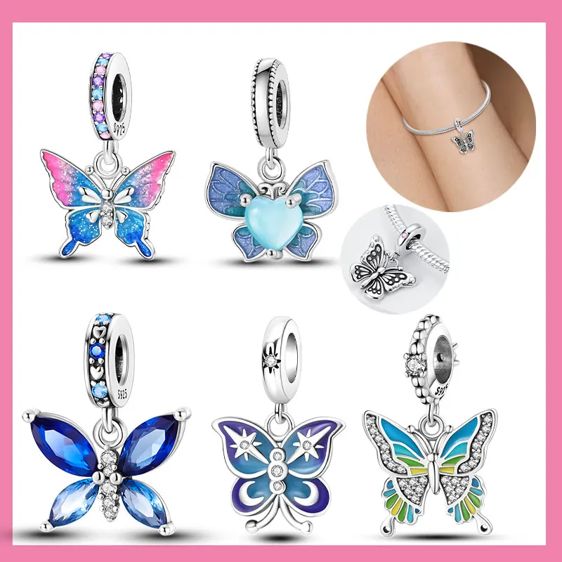 

925 Sterling Silver Blue Series Butterfly Beads Pendant Fit Bangle Charms Bracelet DIY Women Original Jewelry