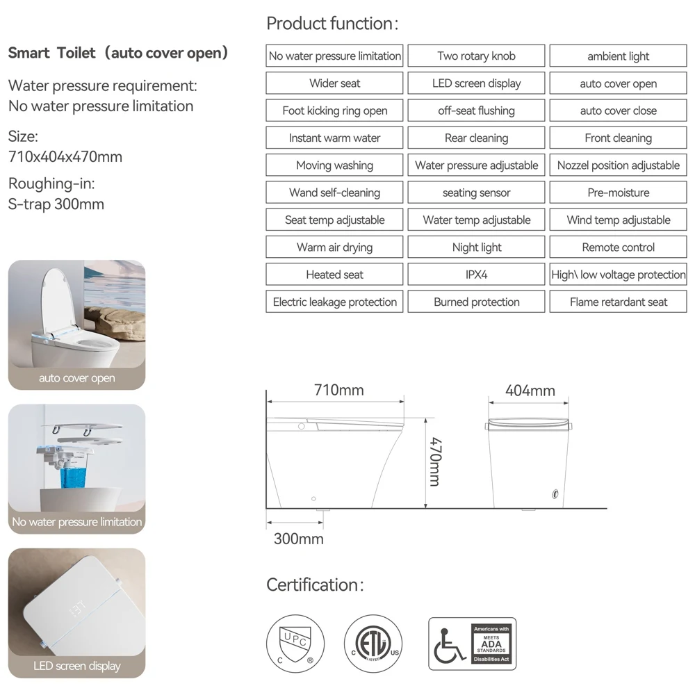 Smart Toilet with Bidet & Remote Control, Floor Mounted Built-in Tank S-Trap 1.28gpf/4.8L Single Siphonic
