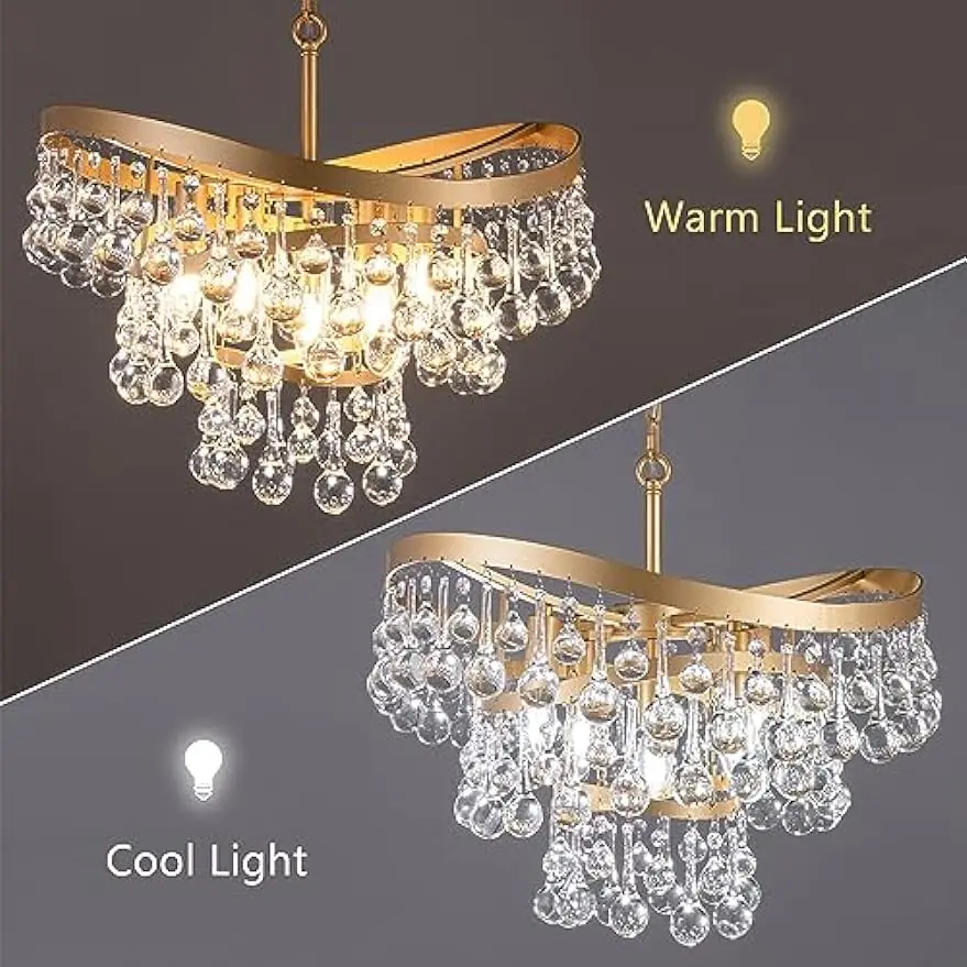 Crystal Chandelier, Tiers Luxury Gold Crystal Chandelier, Ceiling Pendant Ceiling Light Fixture for Dining Room, Living Room