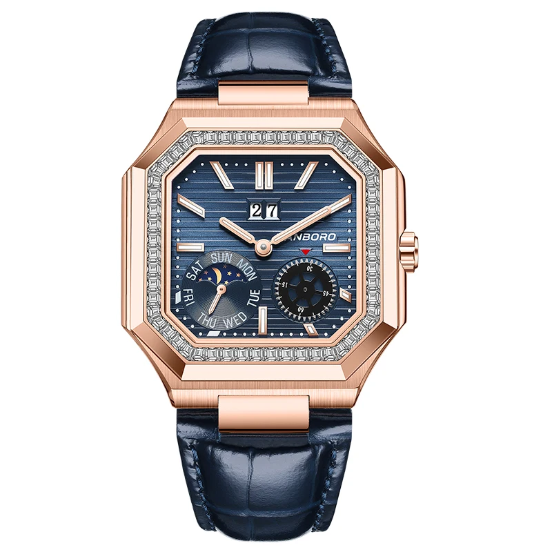 هانبورو ساعة أوتوماتيكية للرجال 38.5 ملم ساعة يد ميكانيكية مربعة 5ATM مقاومة للماء مضيئة الياقوت شنغهاي JHS17 تاريخ الأسبوع #2