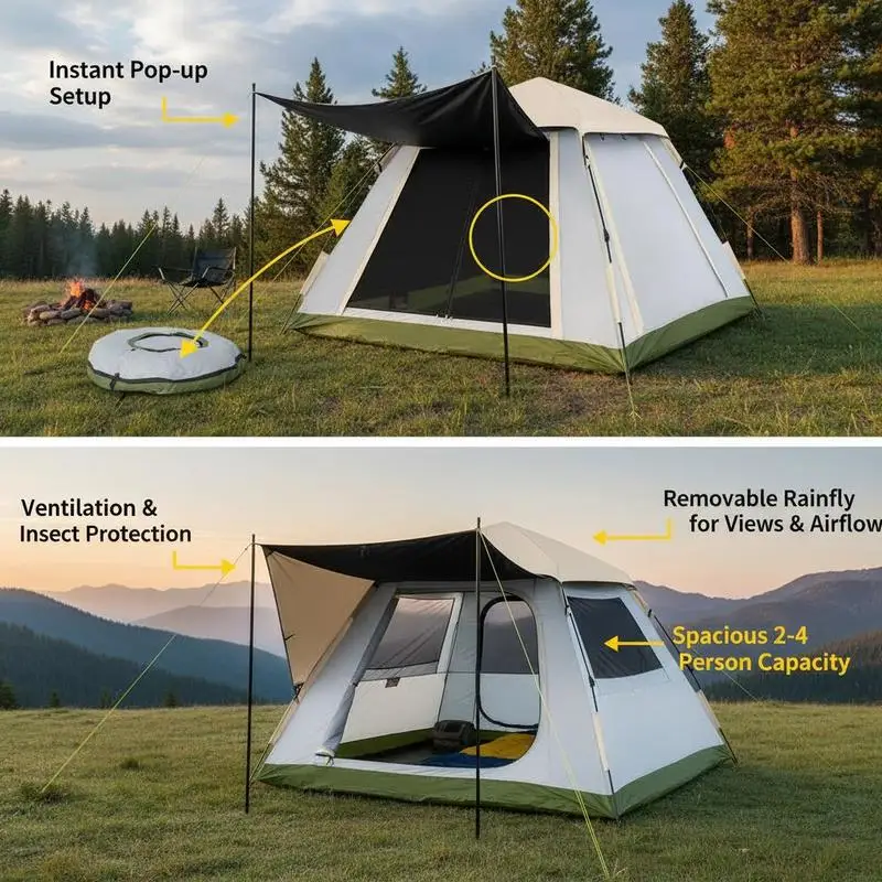 Carpa instantánea para 2-4 personas con toldo extraíble para camping, senderismo y viajes al aire libre