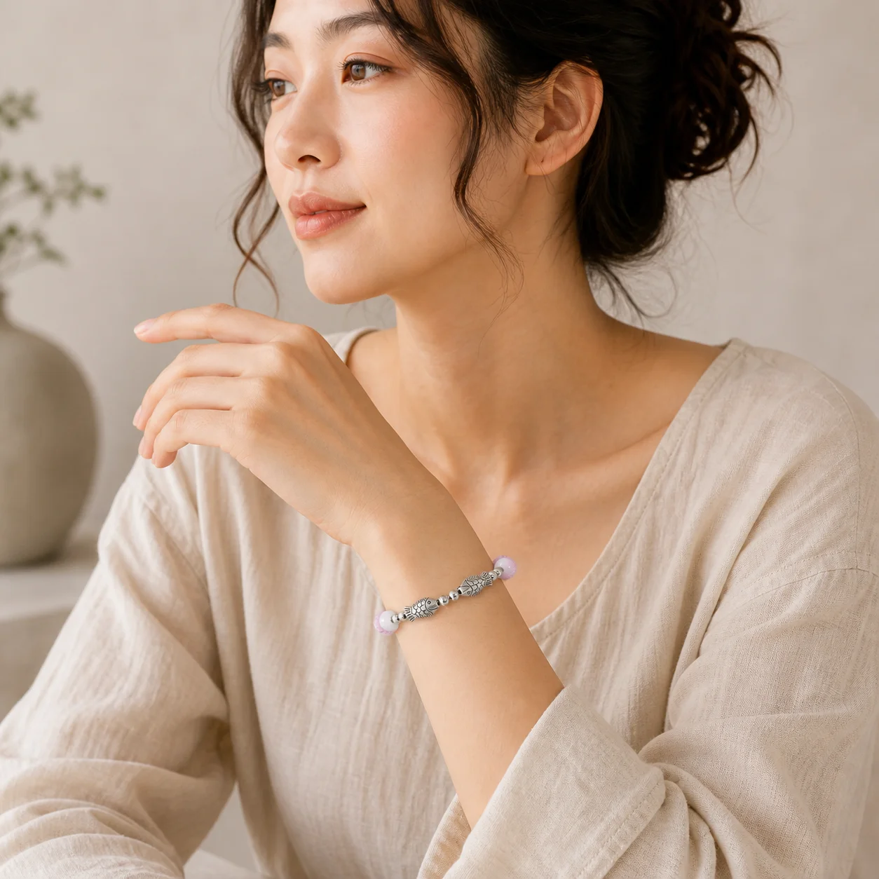 Handmade Crackle Glaze Double Fish Ceramic Bead Bracelet with Hand-Braided Elastic Cord and Metal Accents 608P9-06