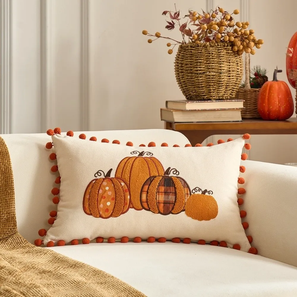 New Pumpkin Tufted Throw Pillow Cover Maple Leaves Soft Autumn Pillowcase Rustic Style Square Pillow Covers Fall Decor
