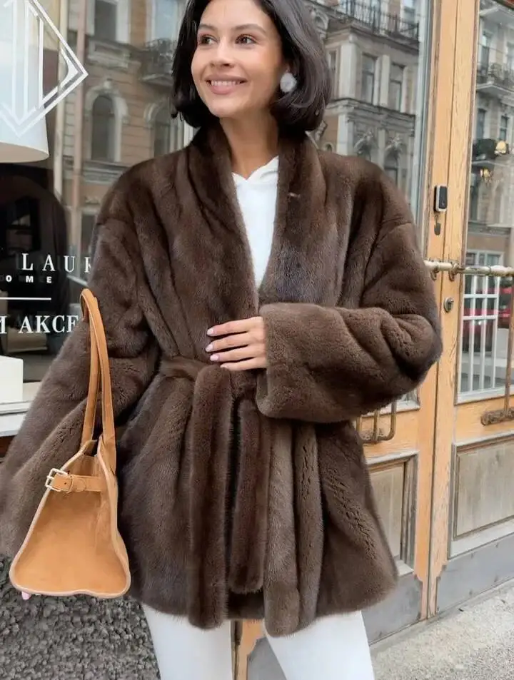 Women Luxury Lace Up Faux Fur Jacket Elegant V-Neck Long-Sleeved Loose Warm Coat Lady Winter Daily Commute High Street Outerwear