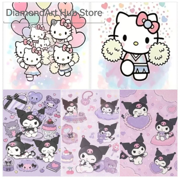 5D DIY Diamond Painting Cute Sanrio Cartoon Art, Hello Kitty Family Heart Balloons, Cheerleader Hello Kitty, Kuromi Friends