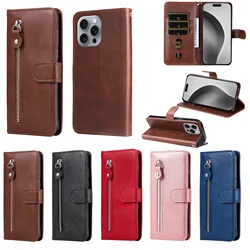 Luxury Zipper Leather Case for Iphone 16 15 14 13 12 11 Pro Max Flip Retro Wallet Book Card Holder for Iphone X XR XS Max 7 8